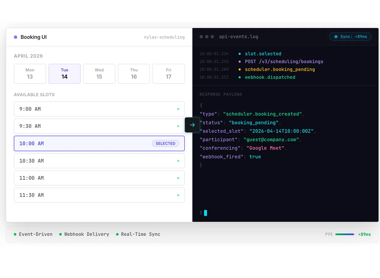 Scheduler booking UI &mdash; date picker, time slot picker, and webhook log