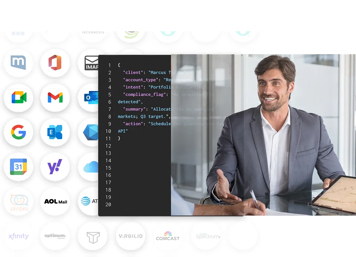 Financial services platform with advisor email, calendar, and client relationship data
