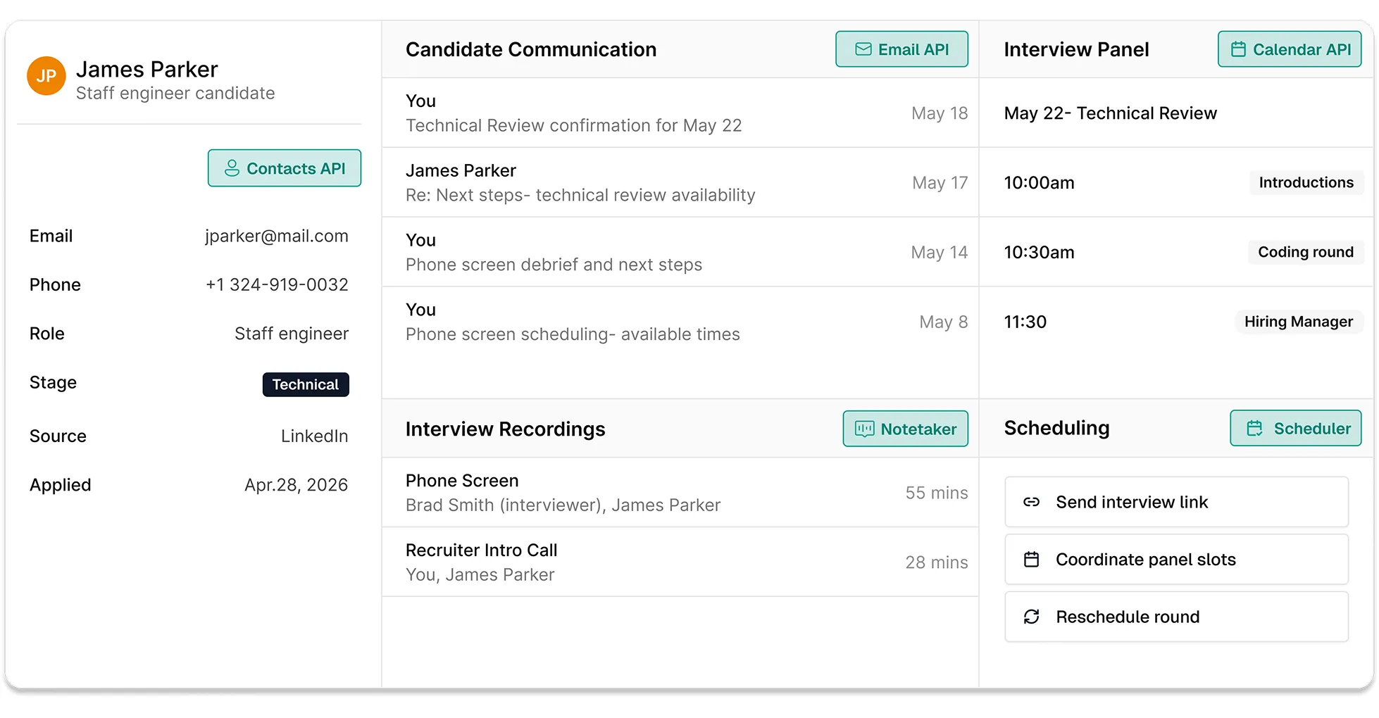 ATS record showing candidate communications, interview scheduling, meeting summaries, and hiring workflow context